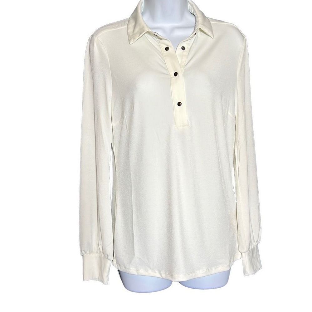 Badgley Mischka Women's Long Sleeve Blouse Top Collared Casual Ivory Size XS NWT